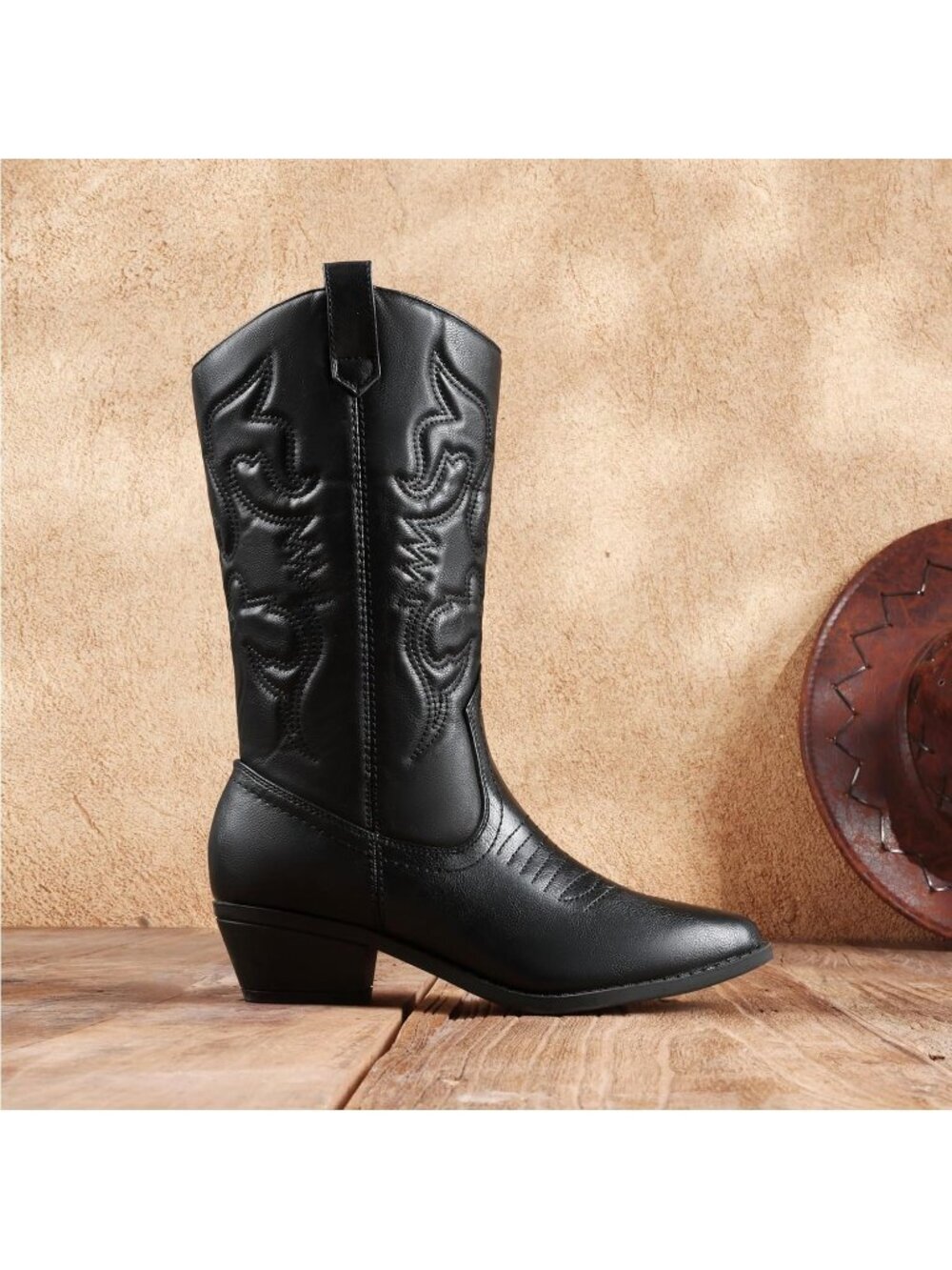 DREAM PAIRS Women's Black Faux Leather Mid-Calf Classic Comfort Cowboy Boots - Picture 3 of 6